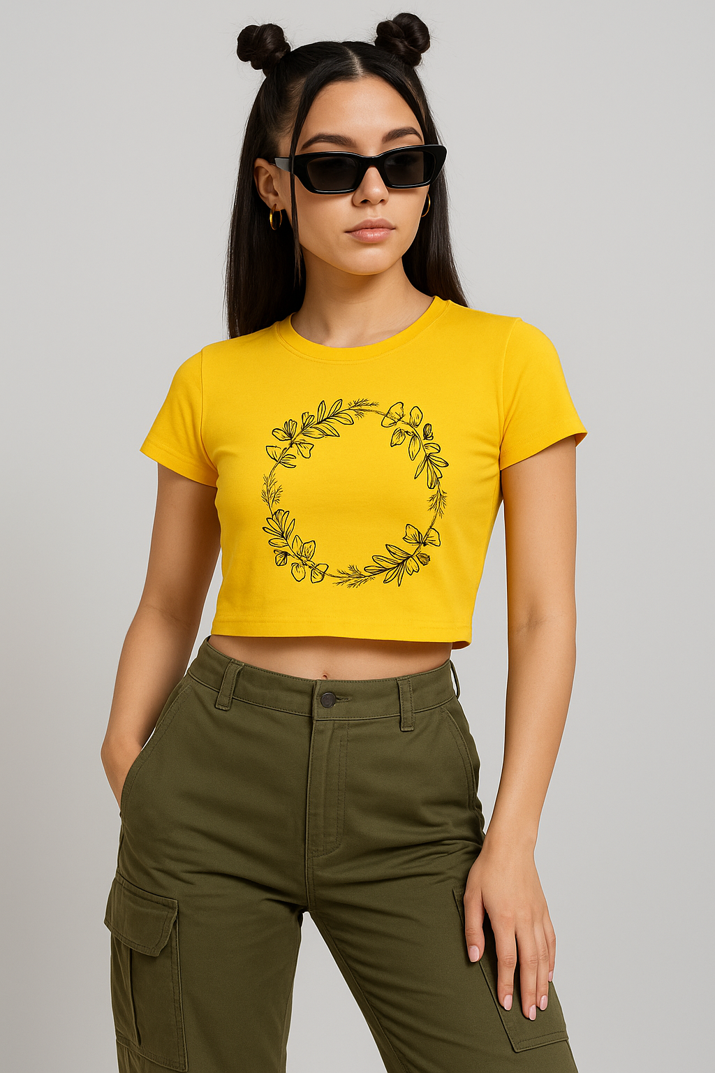 Wreath Crop Top for Women – Trendy Yellow Streetwear Tee with Minimal Botanical Print