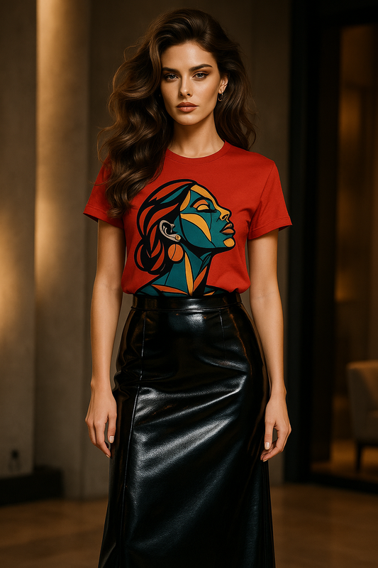 Luxe Abstract Art Red T-Shirt – Bold Statement Street Couture for Women