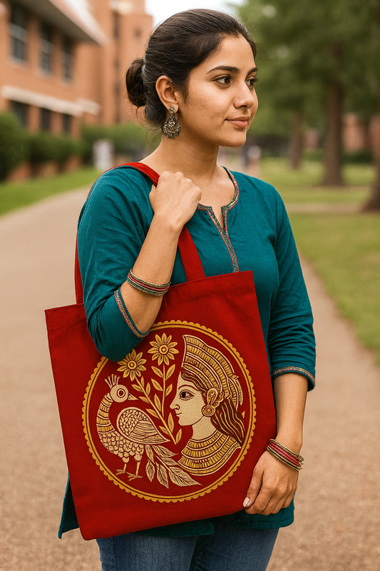 “Heritage Chic Red Tote – Handcrafted Madhubani Art Bag for College & Everyday Use”