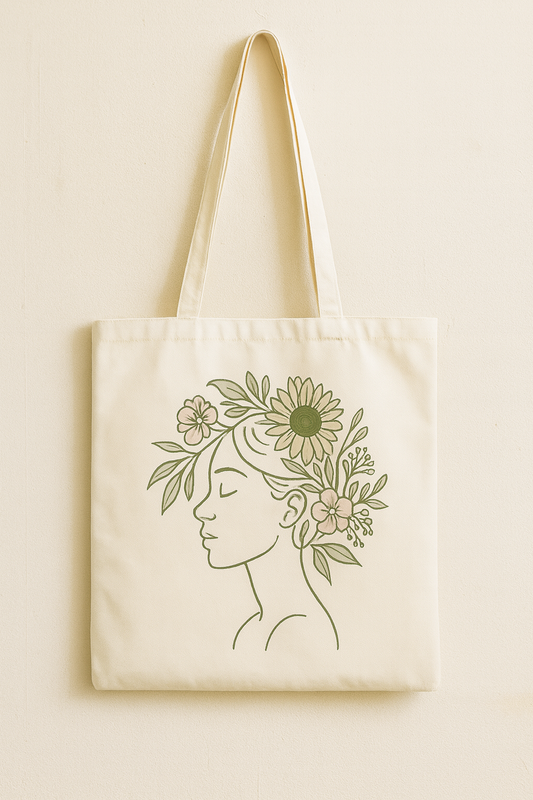 “Floral Muse Canvas Tote – Minimalist Line Art Bag”