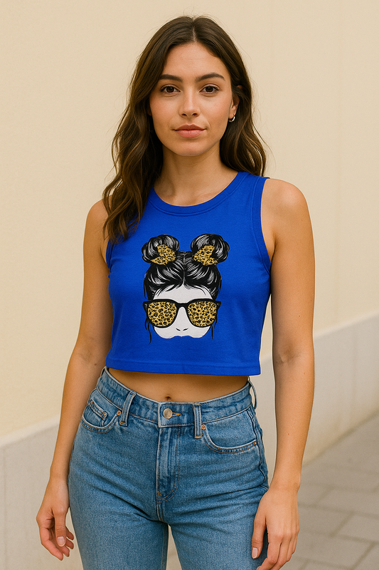 Leopard Vibe Women’s Crop Top – Trendy Graphic Bun & Sunglasses Design