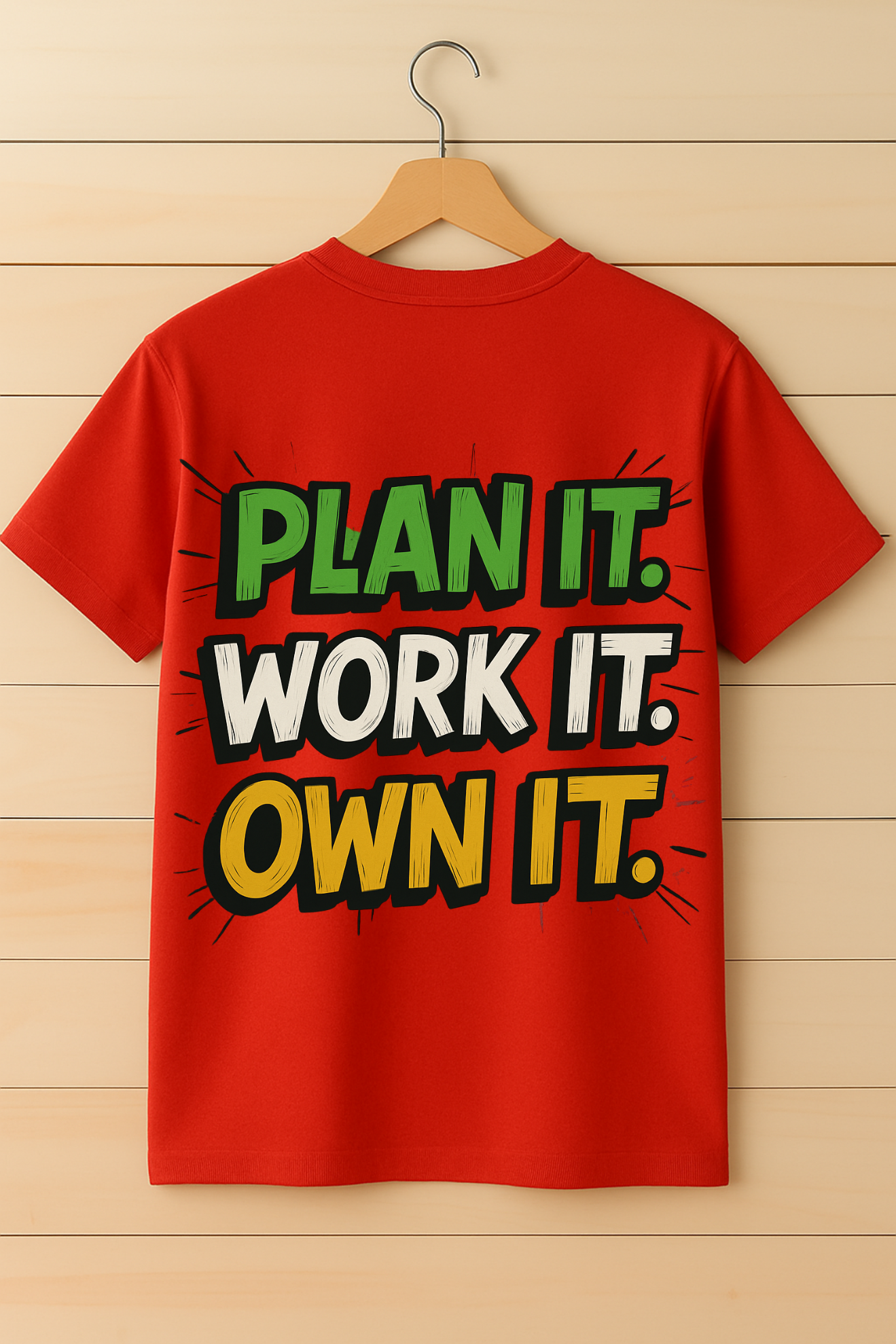 PLAN IT. WORK IT. OWN IT. – Motivational Oversized Red T-Shirt for Men