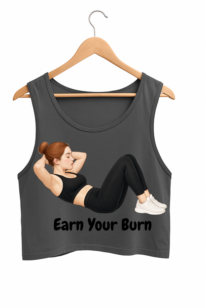 Earn Your Burn – Women’s Sleeveless Gym Crop Top (White / Charcoal Grey)