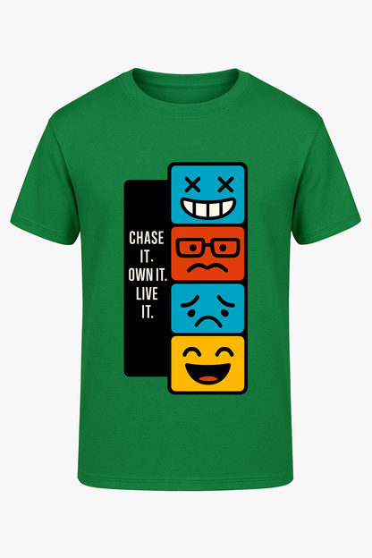 "Chase It. Own It. Live It. Graphic Tee – Bold Emoji Mood T-Shirt for Gen Z Streetwear Vibes"