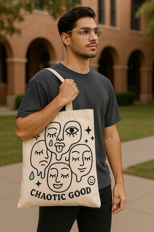Large “Chaotic Good” Tote Bag by CityBurst Fashion – Minimalist Aesthetic Meets Everyday Utility
