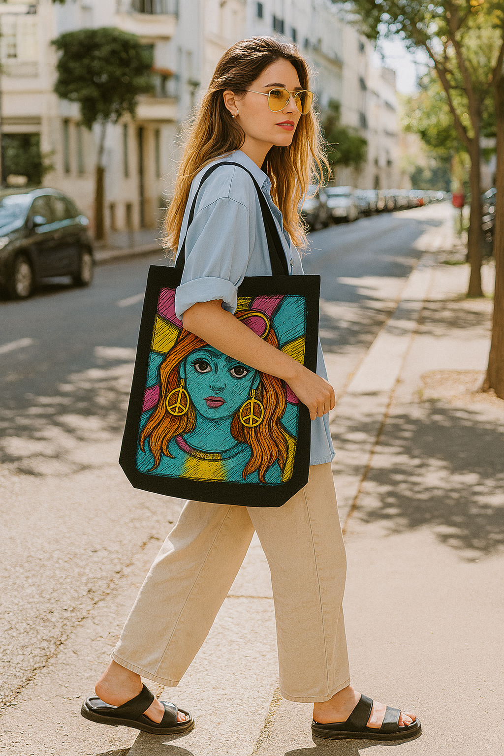 "Retro Pop Art Sketch Tote Bag – Gen Z Street Style Oversized Canvas Bag with Colorful Psychedelic Design"