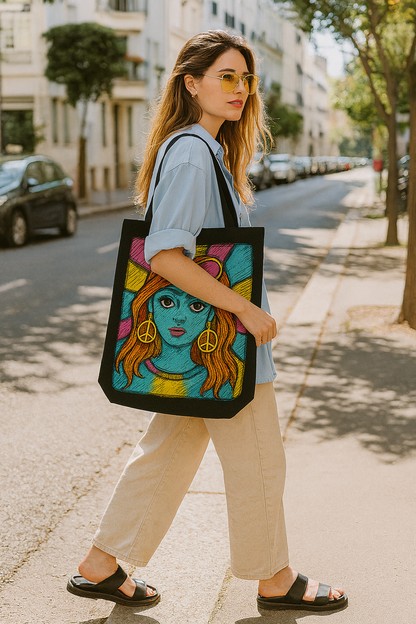 "Retro Pop Art Sketch Tote Bag – Gen Z Street Style Oversized Canvas Bag with Colorful Psychedelic Design"