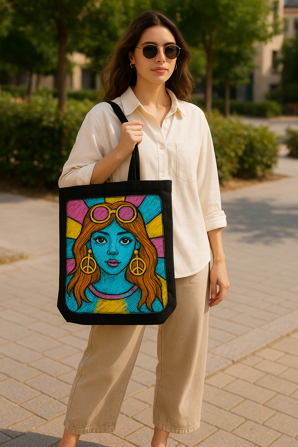 "Retro Pop Art Sketch Tote Bag – Gen Z Street Style Oversized Canvas Bag with Colorful Psychedelic Design"