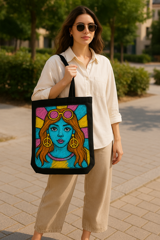 "Retro Pop Art Sketch Tote Bag – Gen Z Street Style Oversized Canvas Bag with Colorful Psychedelic Design"