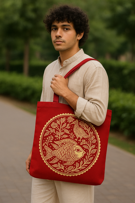 “Madhubani Art Red Cotton Tote Bag – Eco-Friendly Handcrafted Ethnic Fusion Shoulder Bag for Daily Use & College”