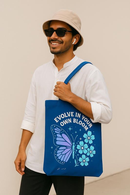“Evolve In Your Own Bloom” Oversized Blue Tote Bag – Gen Z Street-Style Essential 🌸🦋