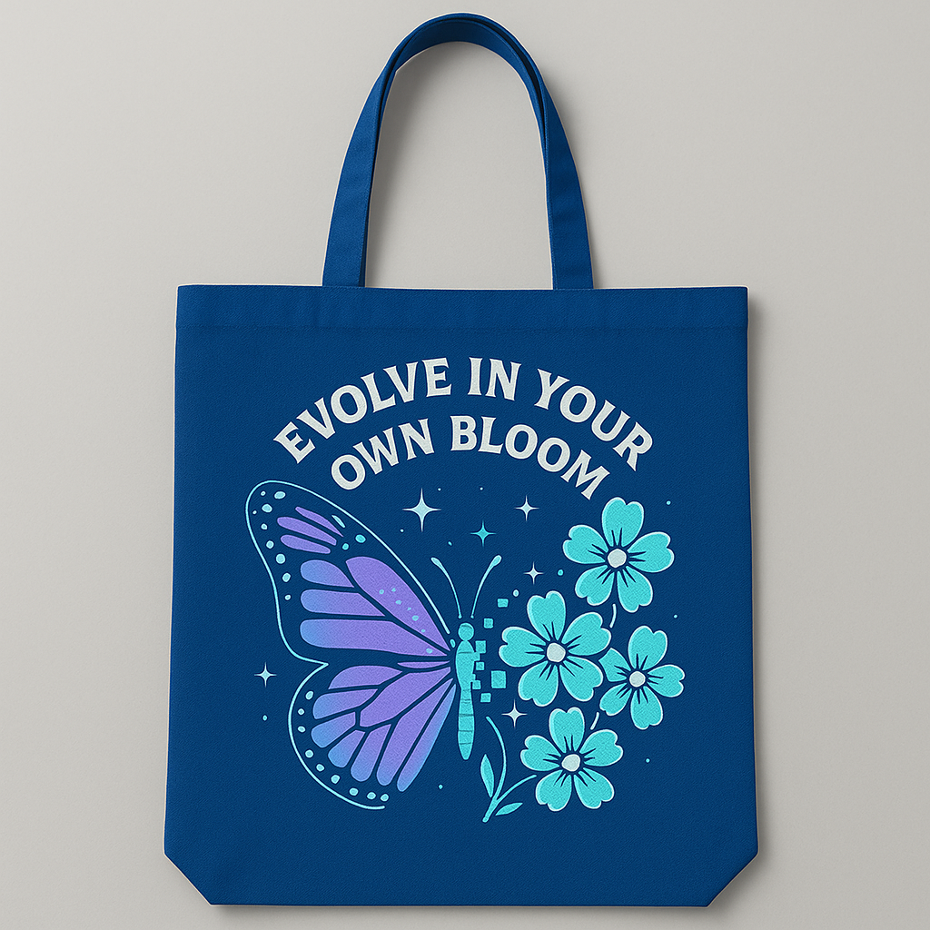 “Evolve In Your Own Bloom” Oversized Blue Tote Bag – Gen Z Street-Style Essential 🌸🦋