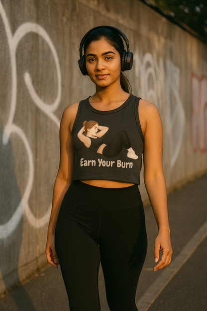 Earn Your Burn – Women’s Sleeveless Gym Crop Top (White / Charcoal Grey)