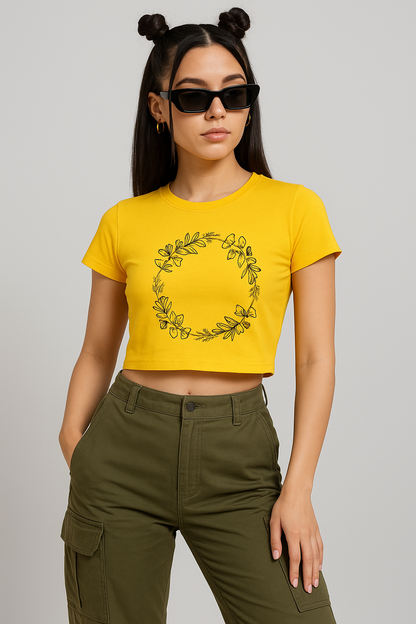 Wreath Crop Top for Women – Trendy Yellow Streetwear Tee with Minimal Botanical Print