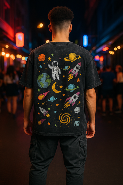 Cosmic Dreams Oversized Acid-Washed Unisex T-Shirt – Space Graphic Streetwear