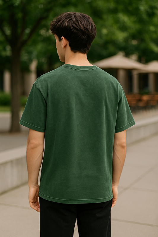 Acid-Washed Oversized Green T-Shirt with Lightning Branch Design_Male