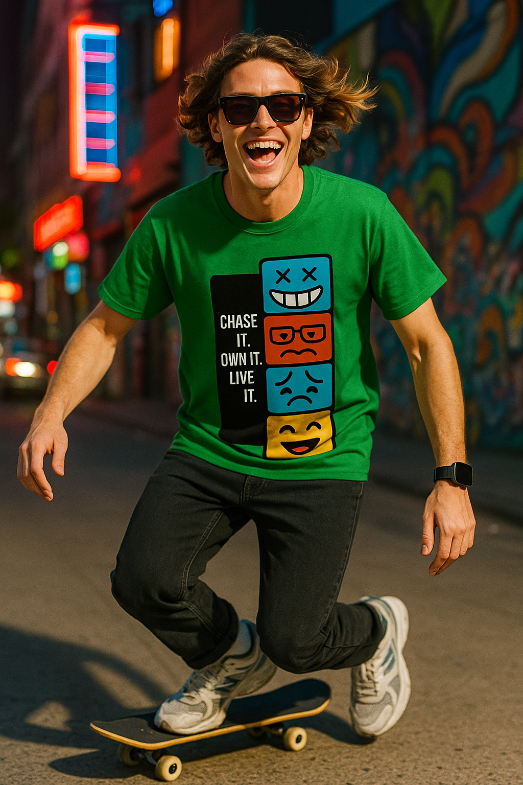"Chase It. Own It. Live It. Graphic Tee – Bold Emoji Mood T-Shirt for Gen Z Streetwear Vibes"