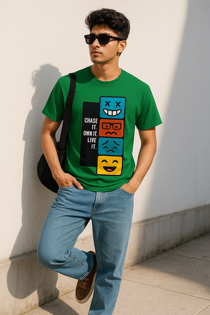"Chase It. Own It. Live It. Graphic Tee – Bold Emoji Mood T-Shirt for Gen Z Streetwear Vibes"