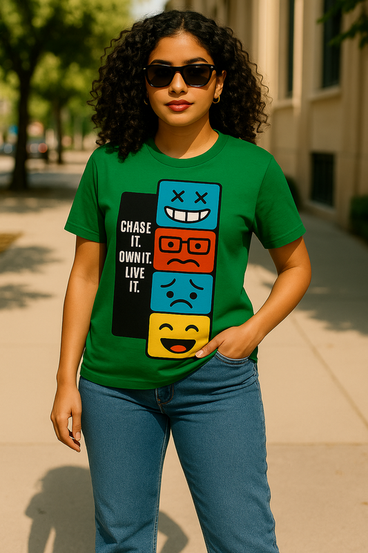 "Chase It. Own It. Live It. Graphic Tee – Bold Emoji Mood T-Shirt for Gen Z Streetwear Vibes"