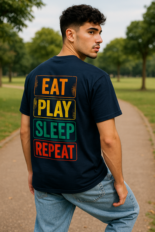“Eat Play Sleep Repeat” Oversized Cotton T-Shirt for Men – Navy Blue Streetwear Classic