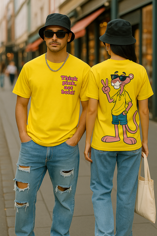 “Think Pink, Act Bold! Classic Fit Unisex T-Shirt – Vibrant Yellow Streetwear Tee”