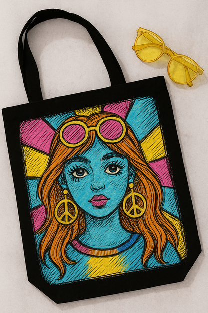 "Retro Pop Art Sketch Tote Bag – Gen Z Street Style Oversized Canvas Bag with Colorful Psychedelic Design"
