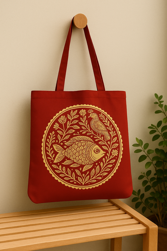 “Madhubani Art Red Cotton Tote Bag – Eco-Friendly Handcrafted Ethnic Fusion Shoulder Bag for Daily Use & College”