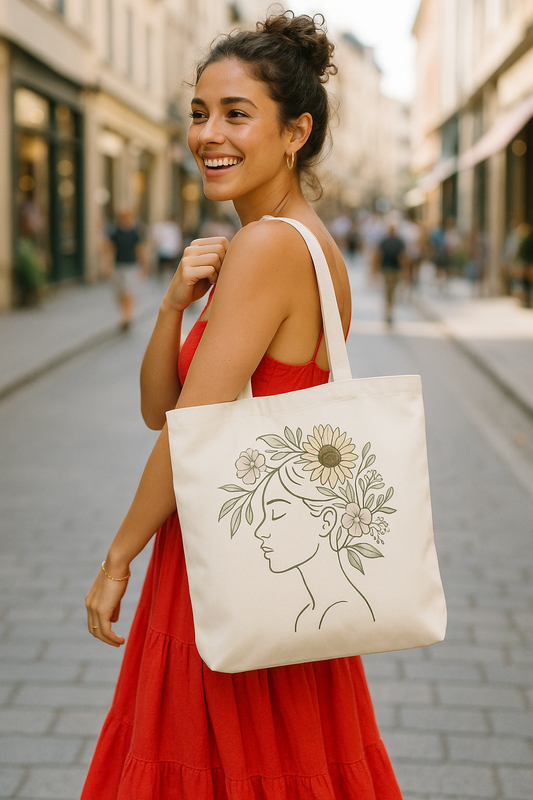 “Floral Muse Canvas Tote – Minimalist Line Art Bag”