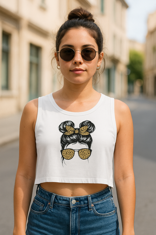 Leopard Vibe Women’s Crop Top – Trendy Graphic Bun & Sunglasses Design