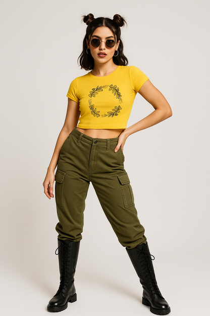 Wreath Crop Top for Women – Trendy Yellow Streetwear Tee with Minimal Botanical Print