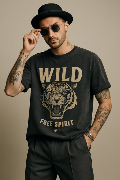 "Wild Free Spirit" Oversized Acid Wash T-Shirt – Black_Male