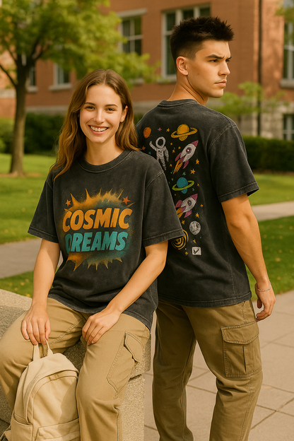 Cosmic Dreams Oversized Acid-Washed Unisex T-Shirt – Space Graphic Streetwear