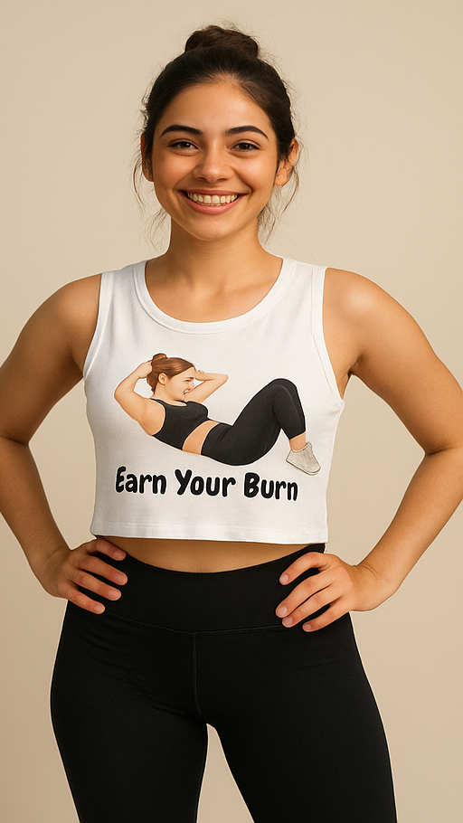 Earn Your Burn – Women’s Sleeveless Gym Crop Top (White / Charcoal Grey)