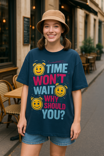 Time Won’t Wait Oversized Navy Blue T-Shirt for Women