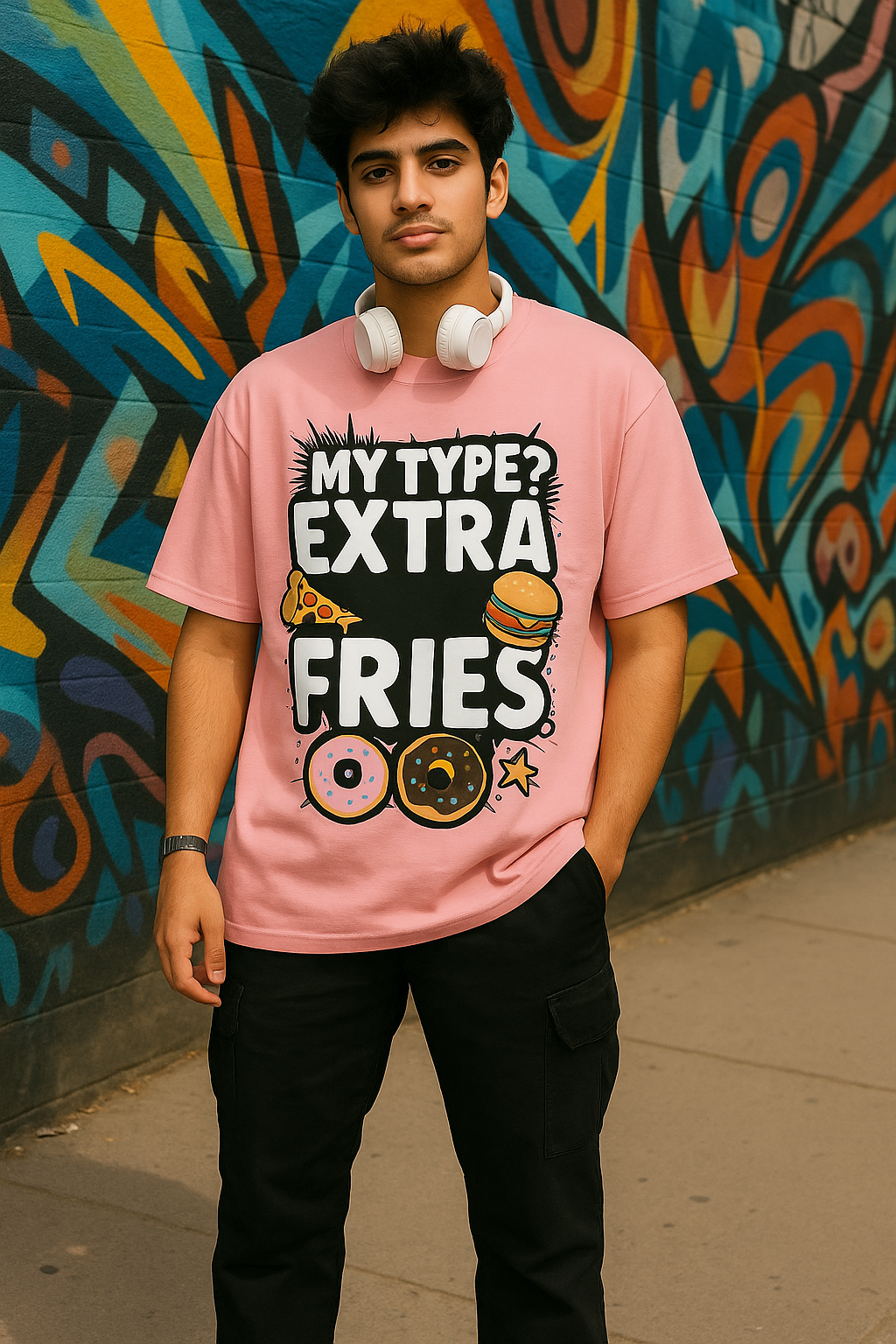 My Type? Extra Fries – Oversized Pink Graphic T-Shirt