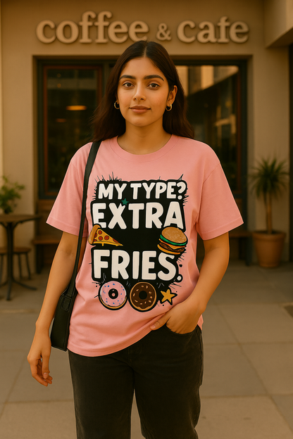 My Type? Extra Fries – Oversized Pink Graphic T-Shirt