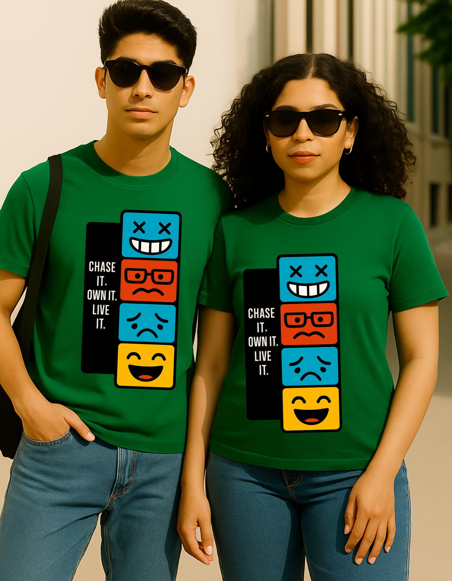 "Chase It. Own It. Live It. Graphic Tee – Bold Emoji Mood T-Shirt for Gen Z Streetwear Vibes"