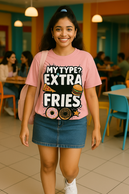My Type? Extra Fries – Oversized Pink Graphic T-Shirt